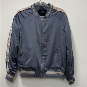 AMERICAN EAGLE SIZE M SATIN FLORAL EMBROIDERED BOMBER JACKET WOMEN BLUE